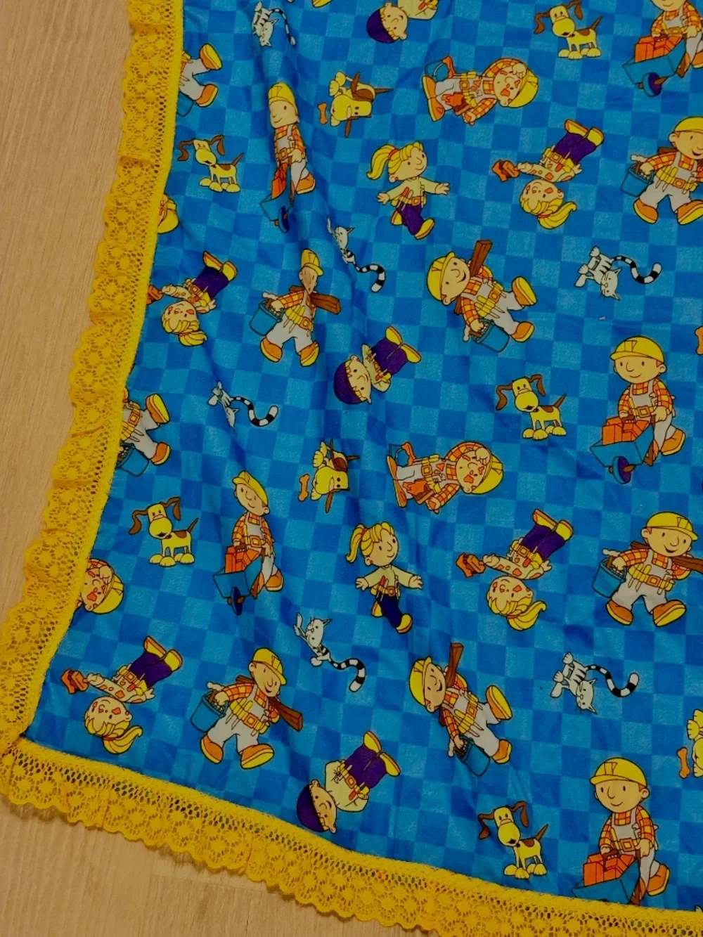 Vintage Bob the Builder Handmade Baby Blanket 2002 Blue Cotton Yellow Lace Trim